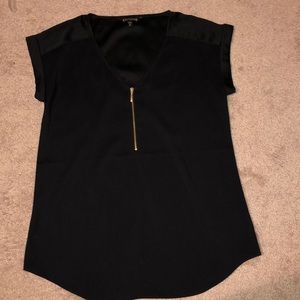 Solid Zip Front Rolled Sleeve Blouse